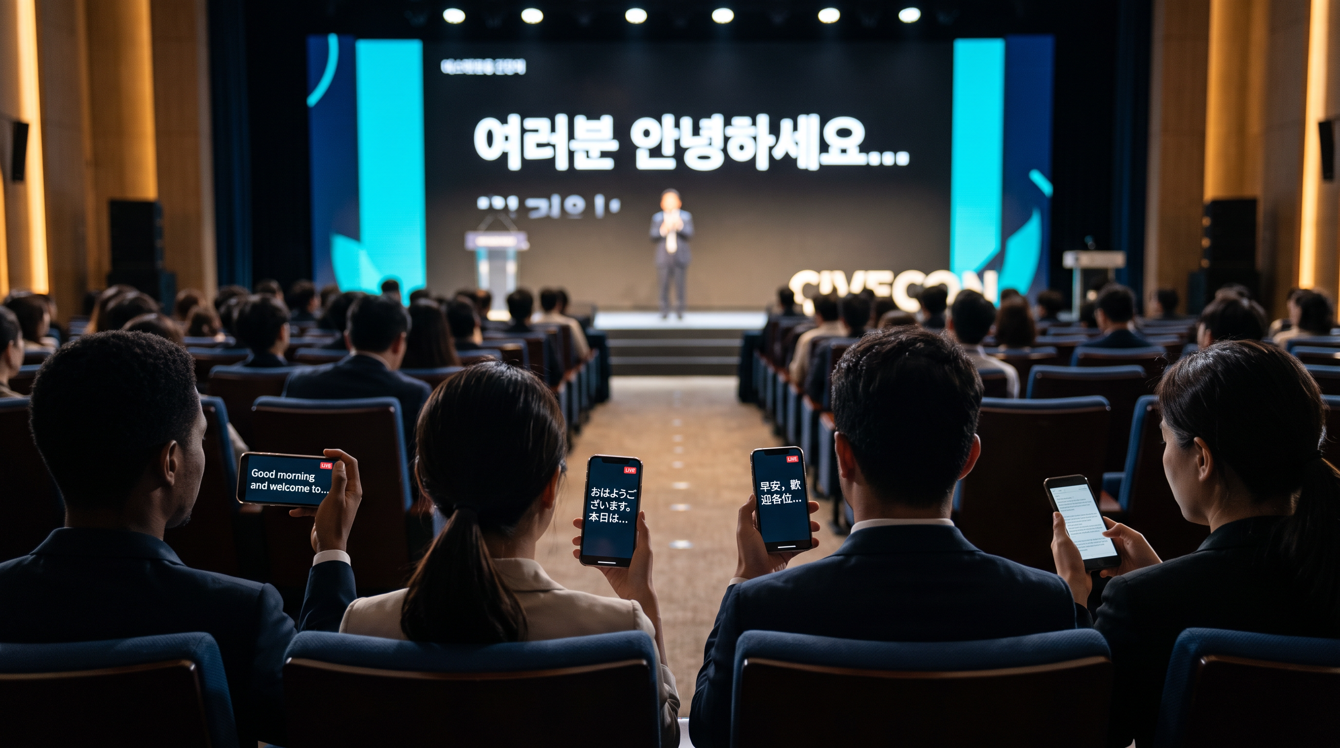 다국어 자막을 보는 행사 참석자